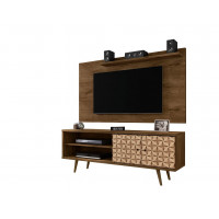 Manhattan Comfort 221-201AMC97 Liberty 62.99 Mid-Century Modern TV Stand and Panel with Solid Wood Legs in Rustic Brown and 3D Brown Prints